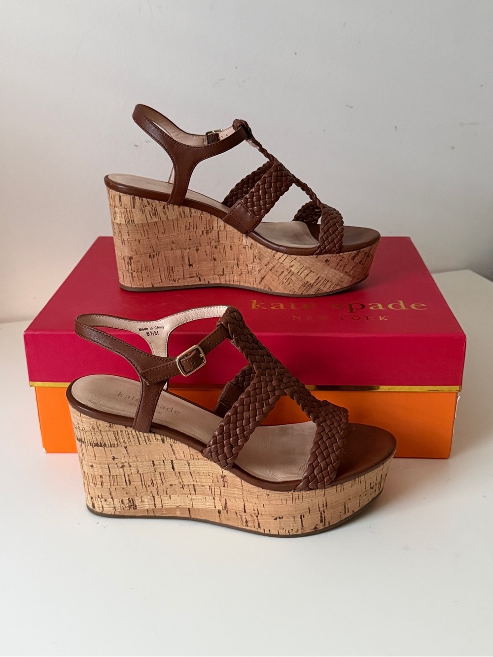 Kate Spade Brown Braided Leather Cork Wedge Sandals